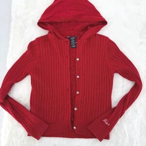 Guess Cardigan Kids L 14 Red Cable Knit Lace Hooded Sweater Y2K